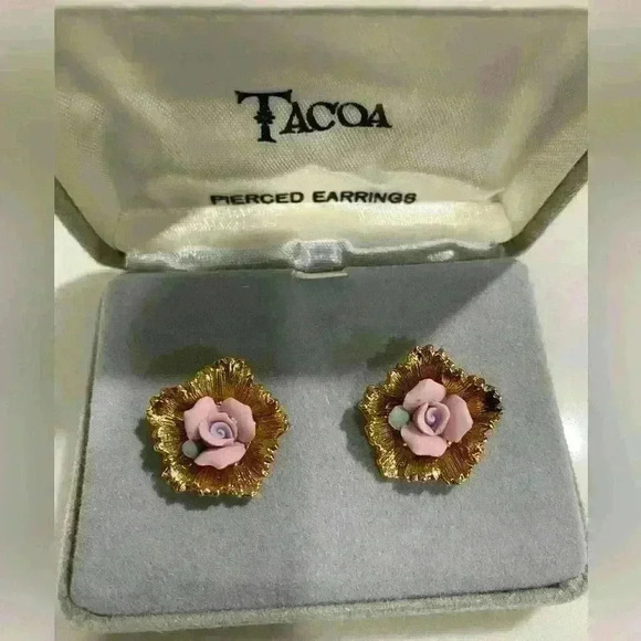Vintage Tacoa Pink Rose Earrings - Picture 2 of 3